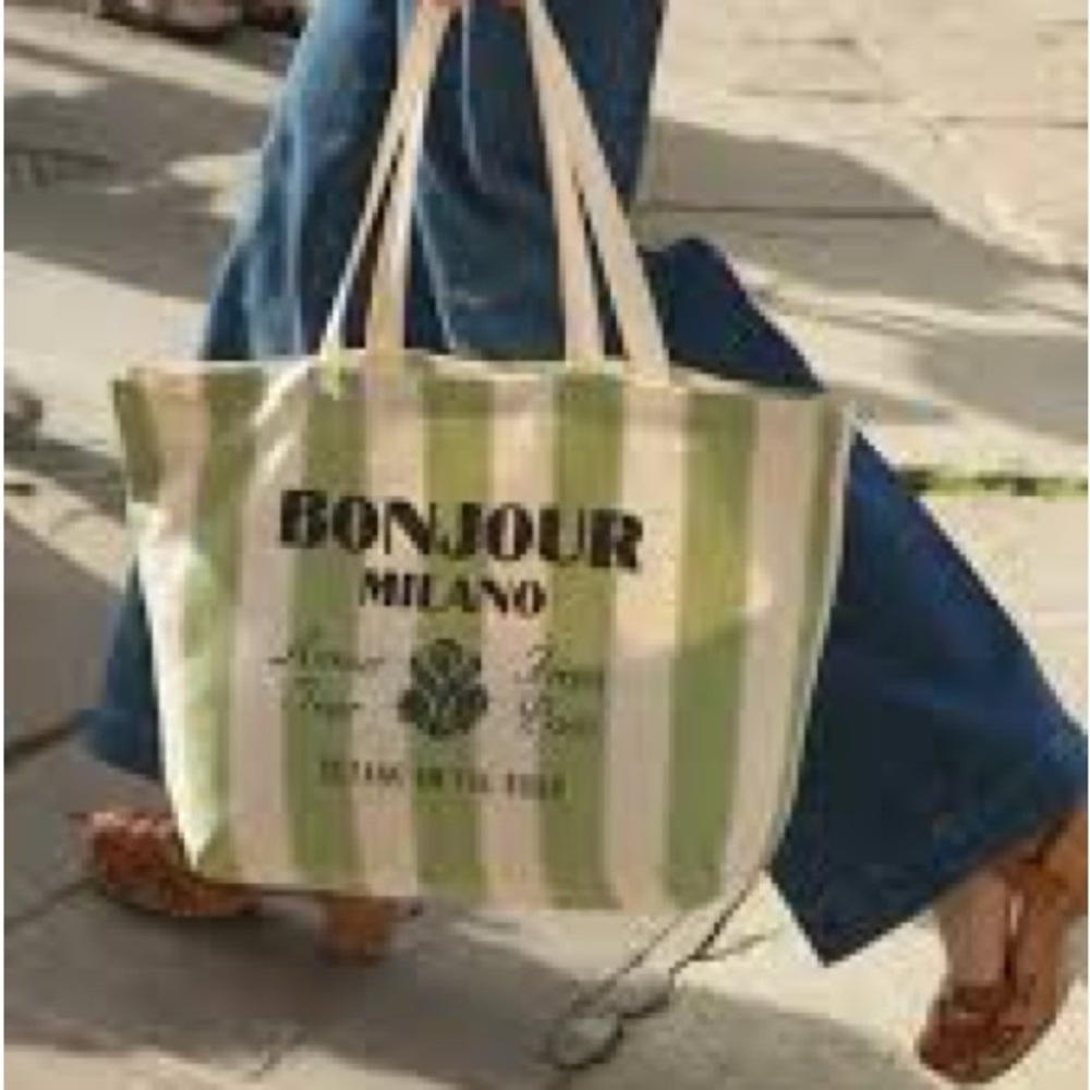 Sézane Bonjour Los Angeles Green Striped Tote Bag - New - Picture 8 of 12